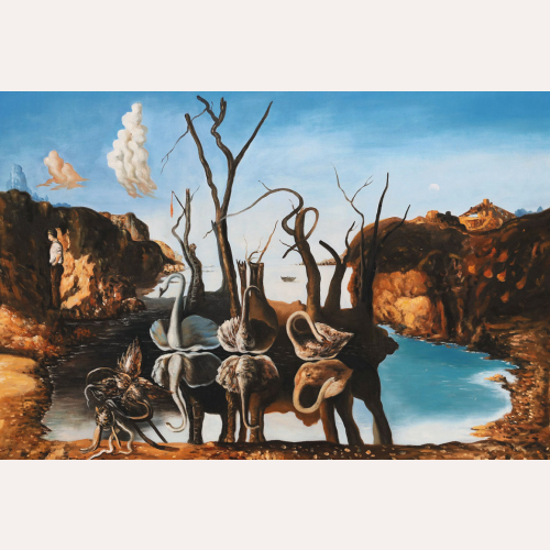 Łabędzie odbijające się w wodzie jako słonie - Salvador Dali